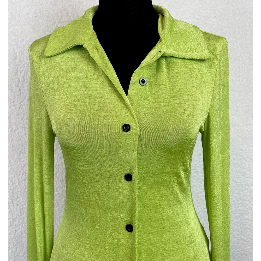 COMMENSE • Lime Green Exaggerated Long Sleeve Collared Button-Down Shirt, S - Picture 14 of 16